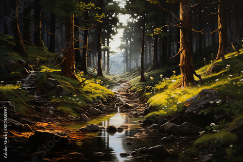 A tranquil forest clearing with a small stream, illuminated by the soft light of the setting sun filtering through the trees