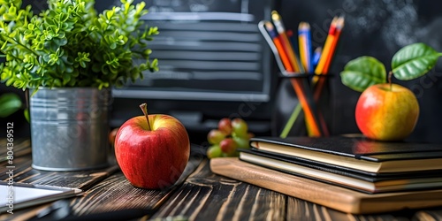 Apple and school supplies on a wooden desk with copy space for homeschooling education technology theme photo
