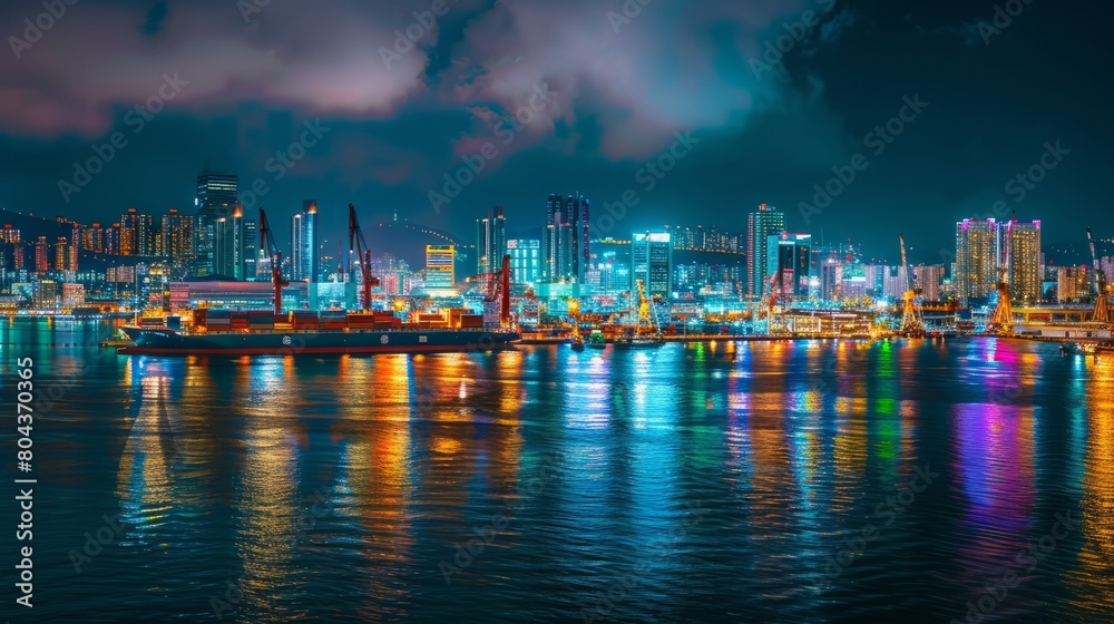 The vibrant activity of a bustling port city at night, with the city skyline illuminated by colorful lights reflecting off the water