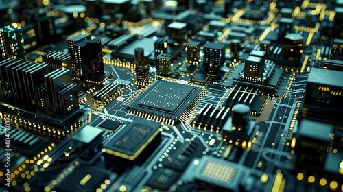 Detailed view of a computer circuit board, showcasing intricate electronic components and connections in a manufacturing workshop. Generative AI
