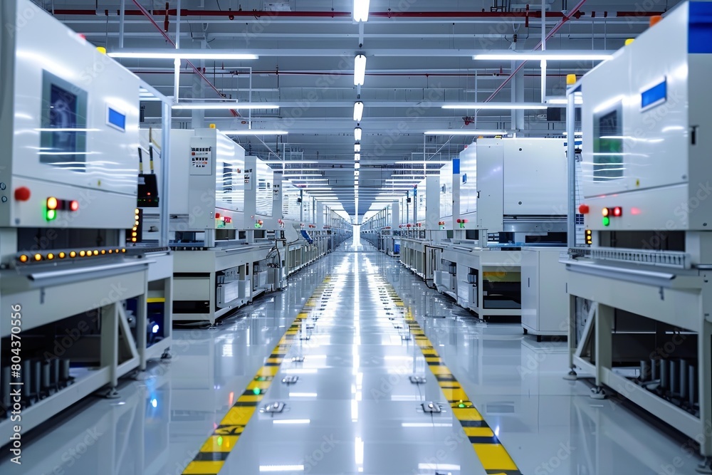 Obraz premium A large room filled with various machines working on electronic microchips and printed circuit boards in a high-tech manufacturing workshop. Generative AI