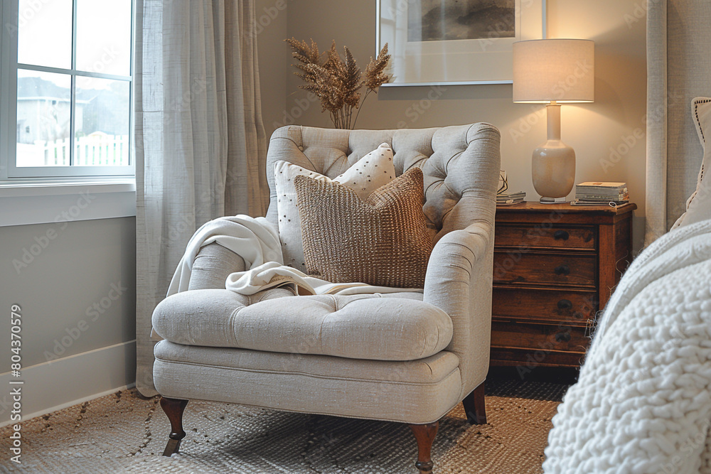 A chic accent chair adding style and comfort to a bedroom reading nook. A chic accent chair adding style and comfort to a bedroom reading nook.