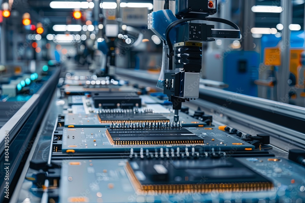 A machine meticulously works on shaping a piece of metal in a manufacturing workshop with electronic microchips and printed circuit boards in the background. Generative AI A machine meticulously works on shaping a piece of metal in a manufacturing workshop with electronic microchips and printed circuit boards in the background. Generative AI