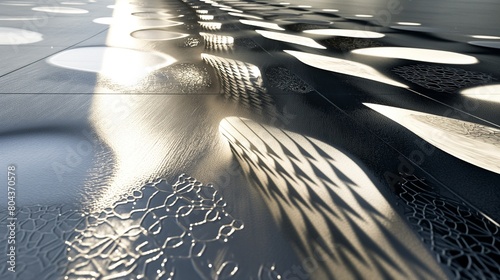 A smooth, reflective surface interrupted by a series of raised, geometric patterns, each casting its own unique shadow