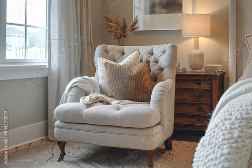 A chic accent chair adding style and comfort to a bedroom reading nook.