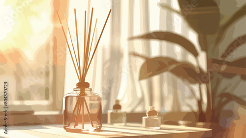 Bottle of reed diffuser on table in room closeup Vector
