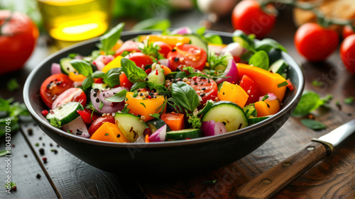 Fresh vegetable salad with tomato, cucumber, onion and basil in a bowl