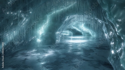 A smooth  virtual ice cave  its walls shimmering with embedded digital crystals and icicles  the ambient light casting a cool  serene glow throughout the cavern. 32k  full ultra hd  high resolution