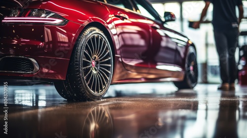 Professional detailer cleans red performance car with high pressure water at auto shop © sorin