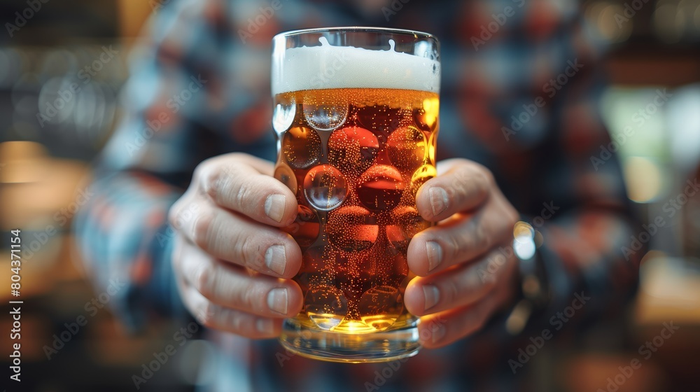 Two hands holding beer mugs and toasting. Orange background. Two hands holding beer mugs and toasting. Orange background.