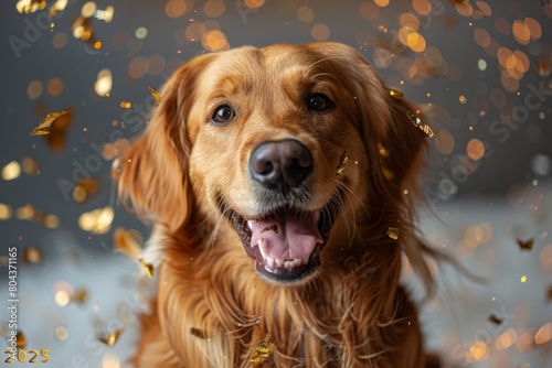 Adorable golden retriever Dog Celebrating 2024 with Golden Confetti on White Background: Joyful New Year Concept. Postcard with copy space for text for new year with pet，Joyful Golden Retriever © Da