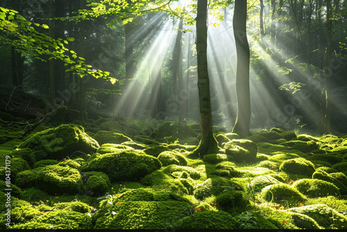 A tranquil forest scene with sunlight filtering through the canopy onto moss-covered rocks, isolated on solid white background.