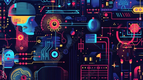 Vibrant illustrations showcasing the evolution of AI technology over the years.