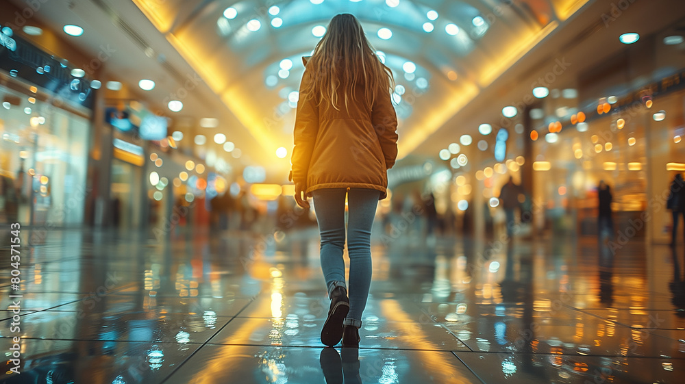 Obraz premium This Woman walking briskly in a modern airport hallway. Woman Walking Down Airport Hallway