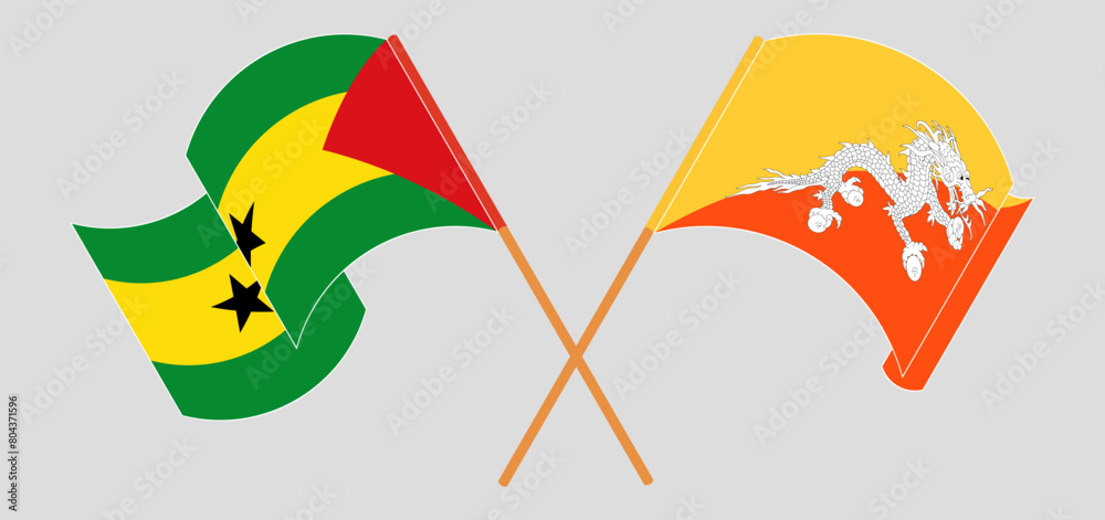 Crossed and waving flags of Sao Tome and Principe and Bhutan Crossed and waving flags of Sao Tome and Principe and Bhutan