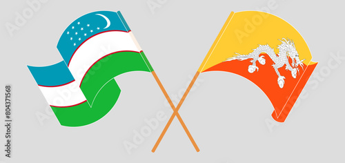 Crossed and waving flags of Uzbekistan and Bhutan