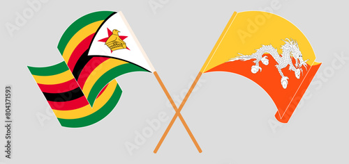 Crossed and waving flags of Zimbabwe and Bhutan