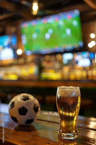 A soccer ball and a glass on the table in the sports bar. Recreation  entertainment. Beer pub  showing sports matches