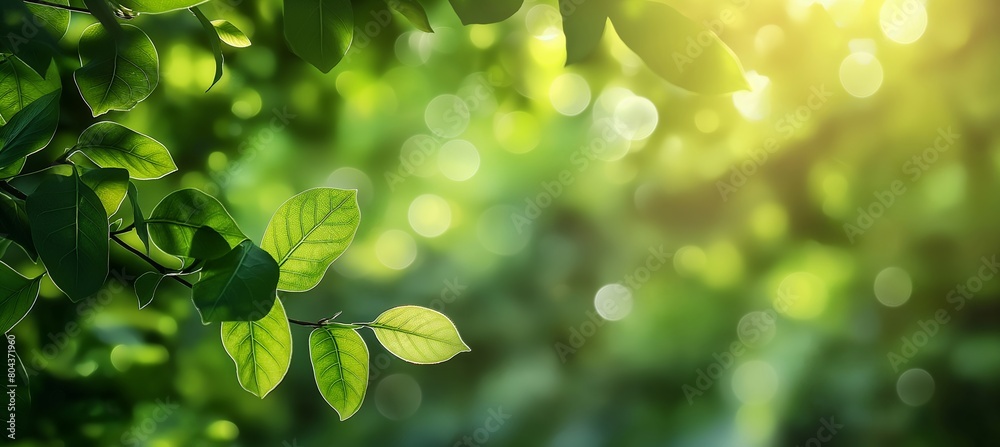 Green leaves with soft sunlight background. Springtime and growth concept.  Banner with copy space for environmental awareness campaign or Earth Day.