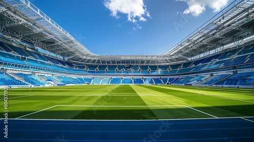 View of an empty football stadium  stands. A sports facility. A playground for the game. Modern architecture