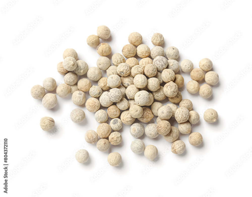 Aromatic spice. Pile of peppers isolated on white, top view Aromatic spice. Pile of peppers isolated on white, top view