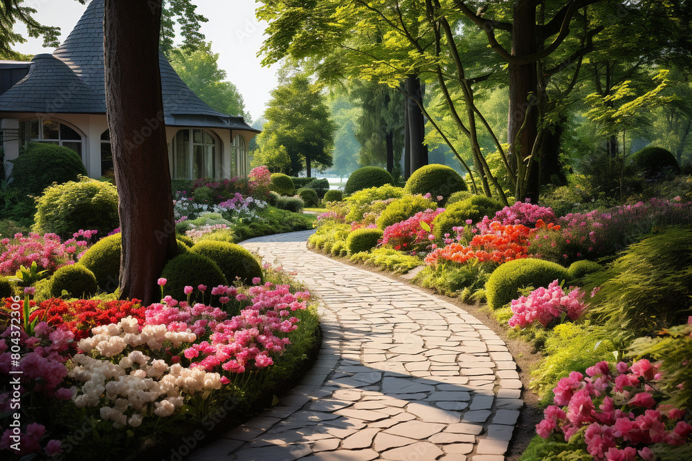 A tranquil garden path winding through vibrant flower beds and lush greenery, isolated on solid white background.