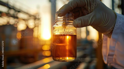 Close-up of an engineer's hand holding oil samples against a clear sky