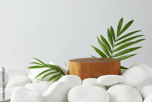 Presentation for product. Wooden podium and green twigs on white pebbles. Space for text