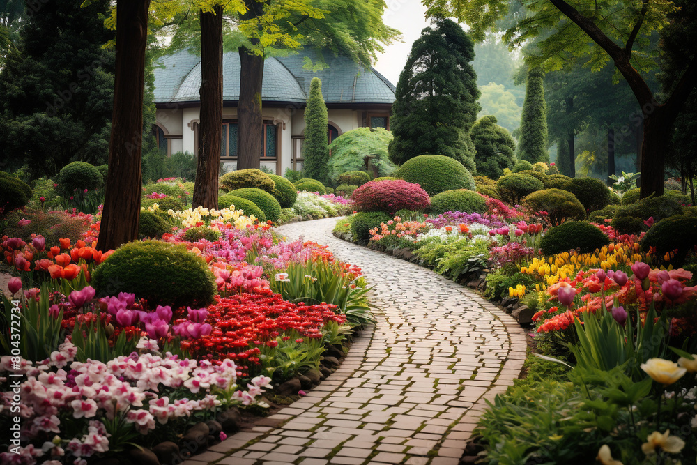 A tranquil garden path winding through vibrant flower beds and lush greenery, isolated on solid white background.