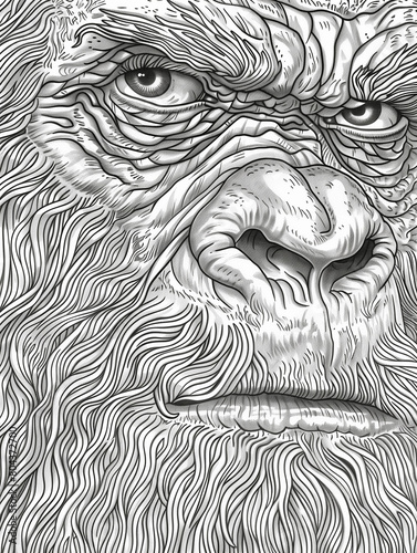 Artistic bigfoot line art drawing illustration sketch of a sasquatch face