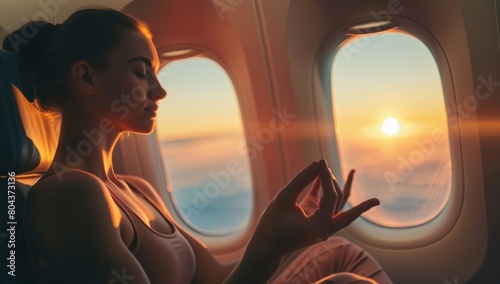 A woman meditating in the plane, sitting in an airplane window with a beautiful sunset view outside. photo