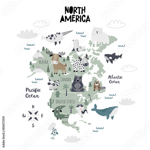 North America cute vector map illustration for kids. Animal map. Children's map design for wallpaper, kid's room, wall art. Oceans. Mainland. Deer, raccoon, beaver, yak, bear, narwhal, orca, whale.