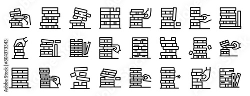 Wood stack balances game icons set outline vector. Hand tower. Risk block