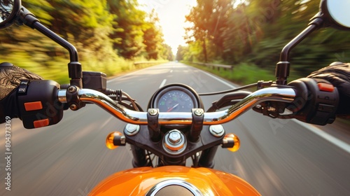 First-person view of a rider speeding down a night city street on a sports motorbike, hands clutching the handles with a motion blur effect. Concept of speed and adrenaline.