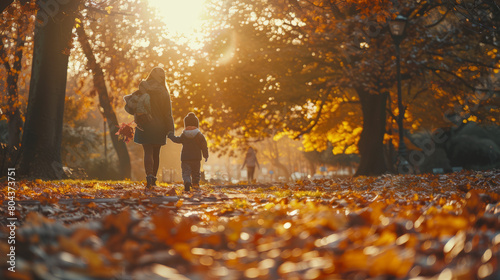 Mother with child walking through a vibrant autumn park, leaves in various shades of orange