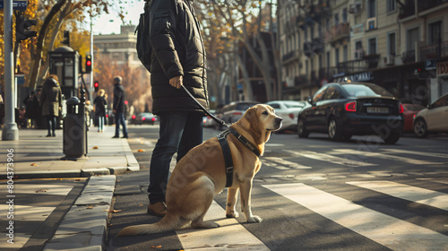 Guide dog with blind man near crosswalk in city