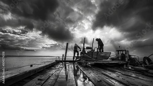 Workers repairing a dock damaged by a recent storm, hauling timber and driving pilings to reinforce the structure against future inclement weather photo
