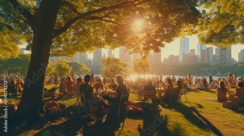 Aerial view of central park and manhattan skyscrapers at sunset with picnicking people and cityscape