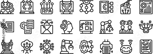 RPA icons set outline vector. Robotic process. Data arms website