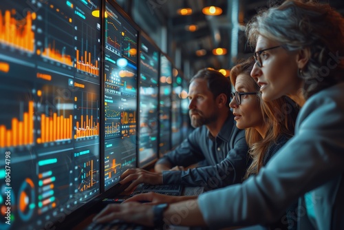 A diverse team strategizing over digital analytics dashboards in a modern office setting, sunlight streaming through windows © Vilaysack