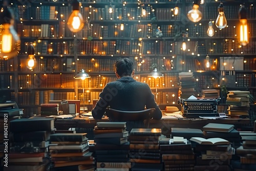 A quiet space with a writer surrounded by stacks of books and notes  typing on an old typewriter  a light bulb flickering ideas above