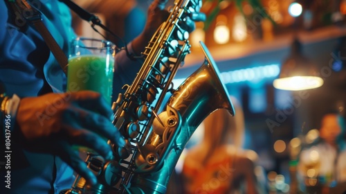 A saxophonist takes center stage his fingers moving effortlessly over the keys as the audience watches in awe their glasses of refreshing green juice in hand.