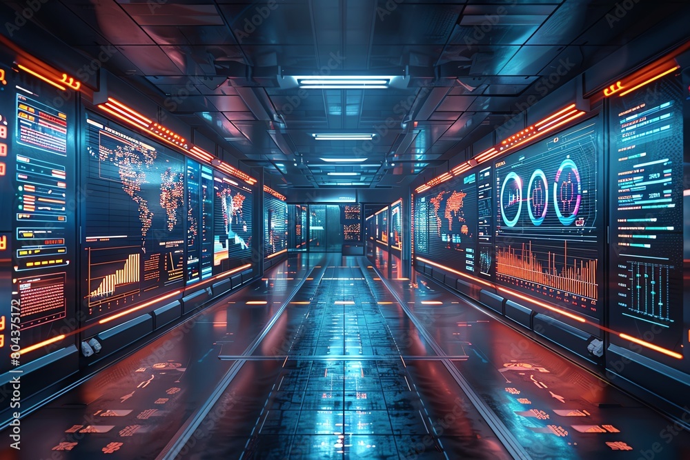 Futuristic holographic displays showing market trends and data analytics in a high-tech corporate office Futuristic holographic displays showing market trends and data analytics in a high-tech corporate office