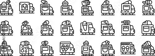 Ice cream truck icons set outline vector. Car van roof. Machine food