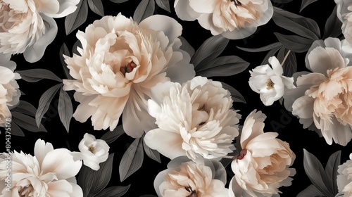 A sophisticated floral wallpaper design  featuring blooming peonies in shades of blush and ivory  set against a matte black background  highlighting the contrast and depth of the pattern. 32k  full ul
