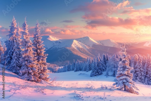 Incredible winter landscape with snowcapped pine trees in frosty morning. Amazing nature scenery in winter mountain valley. Awesome natural Background. Soft light effect. High quality photo
