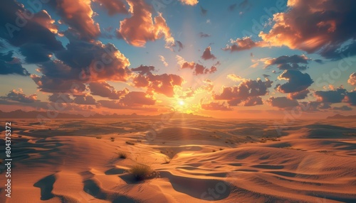 The sun sets over the vast desert, casting long shadows across the dunes photo