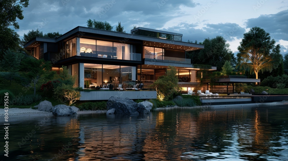 3d rendering of modern house by the river at morning, house, luxury, villa, modern, architecture, building, exterior, residential, property, designer