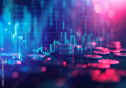 AI Academy and Business Growth: Stock Market Graph with Coins and Financial Charts on Digital Blue Gradient Background
