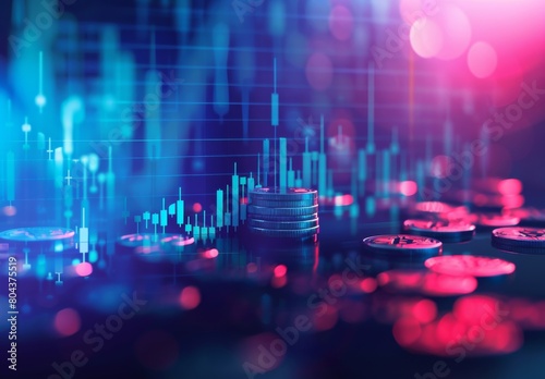 AI Academy and Business Growth  Stock Market Graph with Coins and Financial Charts on Digital Blue Gradient Background